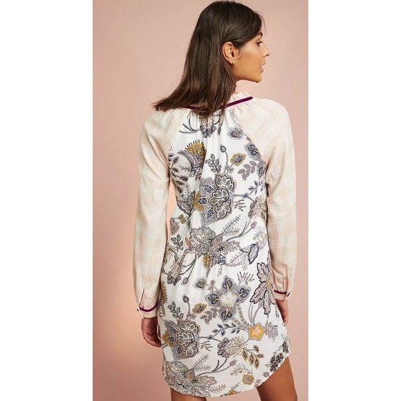 Anthropologie Floreat Patchwork Sleep Shirt Floral Plaid Velvet Trim Boho XL - Picture 2 of 8